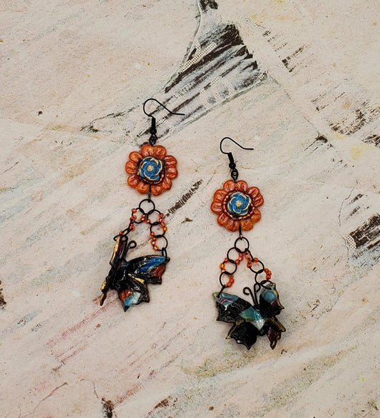 Orange Sunflower Marbled Black Butterfly
